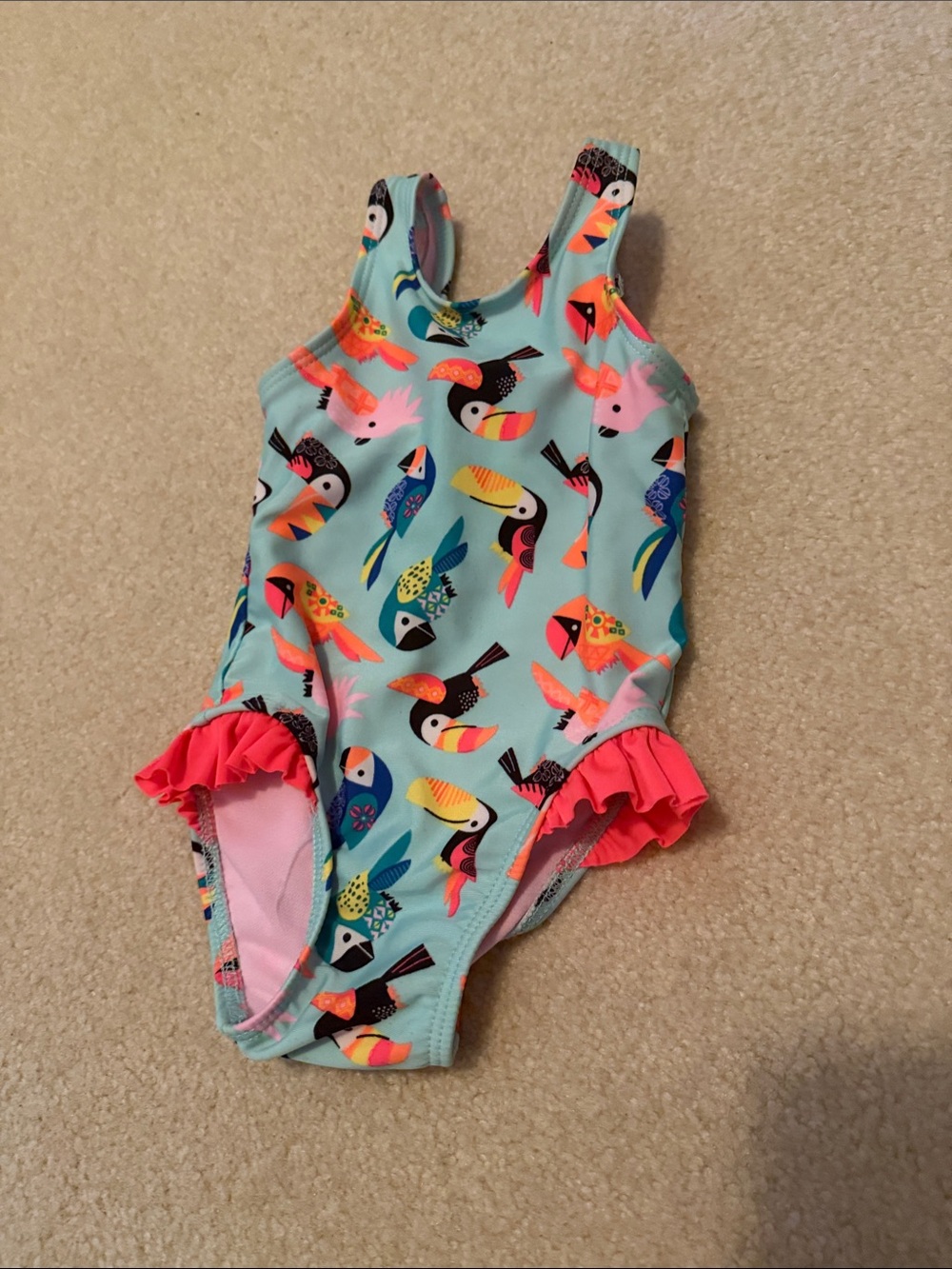 Cat & Jack Girls' Turquoise Tropical Toucan One-Piece Swimsuit with Pink Ruffle